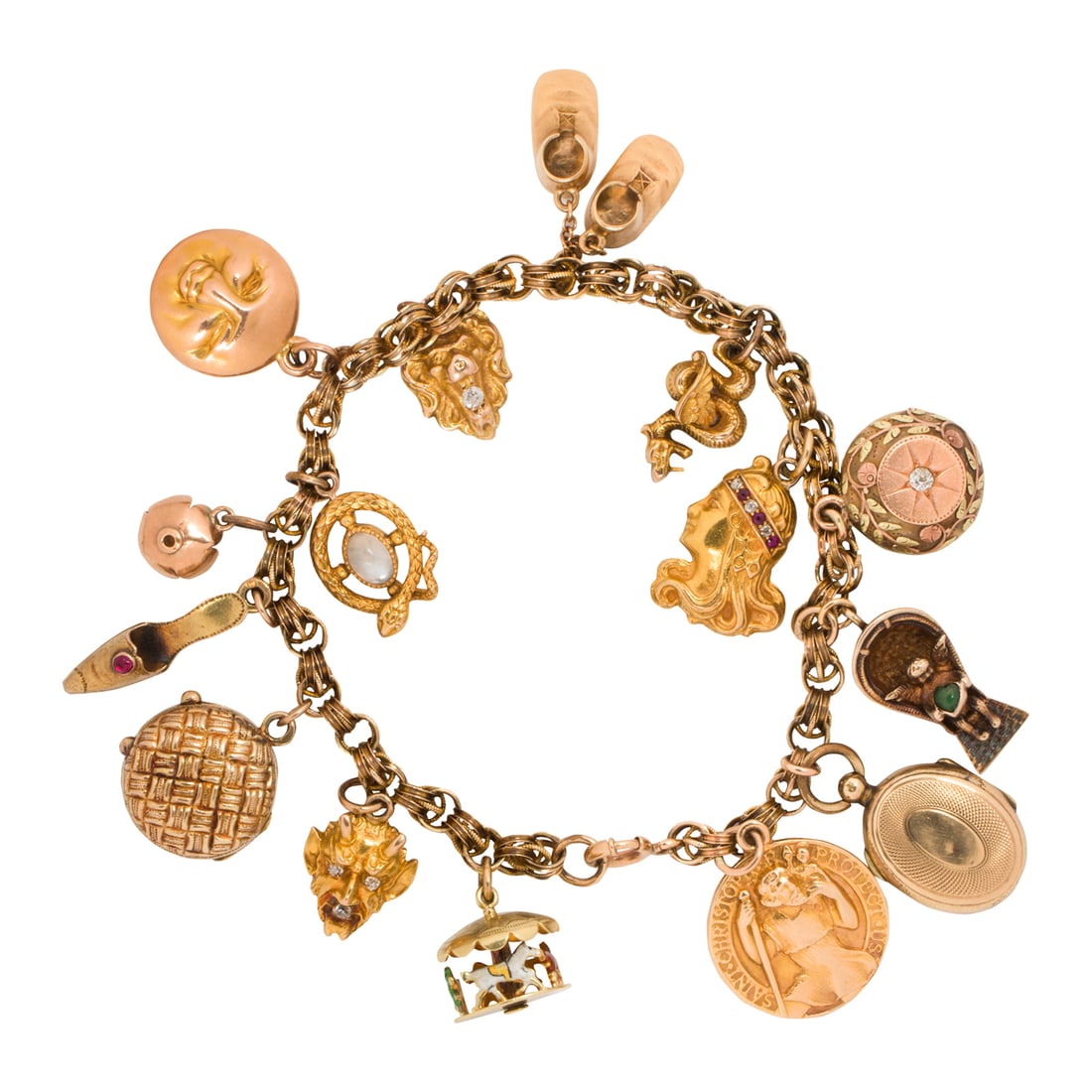 A 14k gold charm bracelet: A 14k gold charm braceletDesigned with 15 14k gold charms set with varying hardstones, on 14k gold bracelet; length: 7 in; 38.15 grams