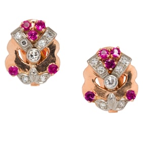 A pair of retro ruby, diamond, and 14k gold ear clips