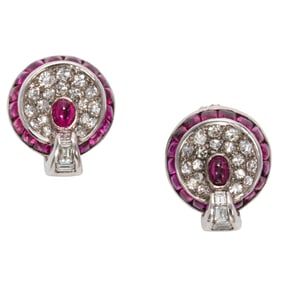 A pair of retro ruby, diamond, and 14k white gold ear-clips