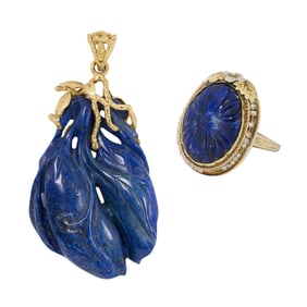 A lapis lazuli, seed pearl, and 14k gold ring and pendant