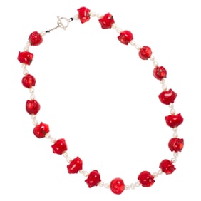 A coral, cultured pearl and silver necklace