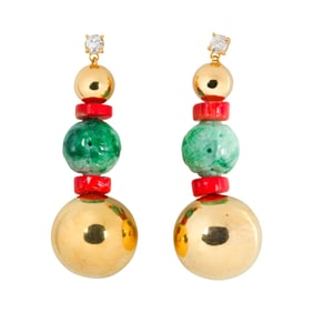 A pair of diamond, jadeite, coral and 14k gold pendant earrings