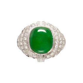 A Fei Cui grade A jadeite, diamond, and platinum ring