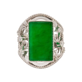 A jade, diamond, and platinum ring