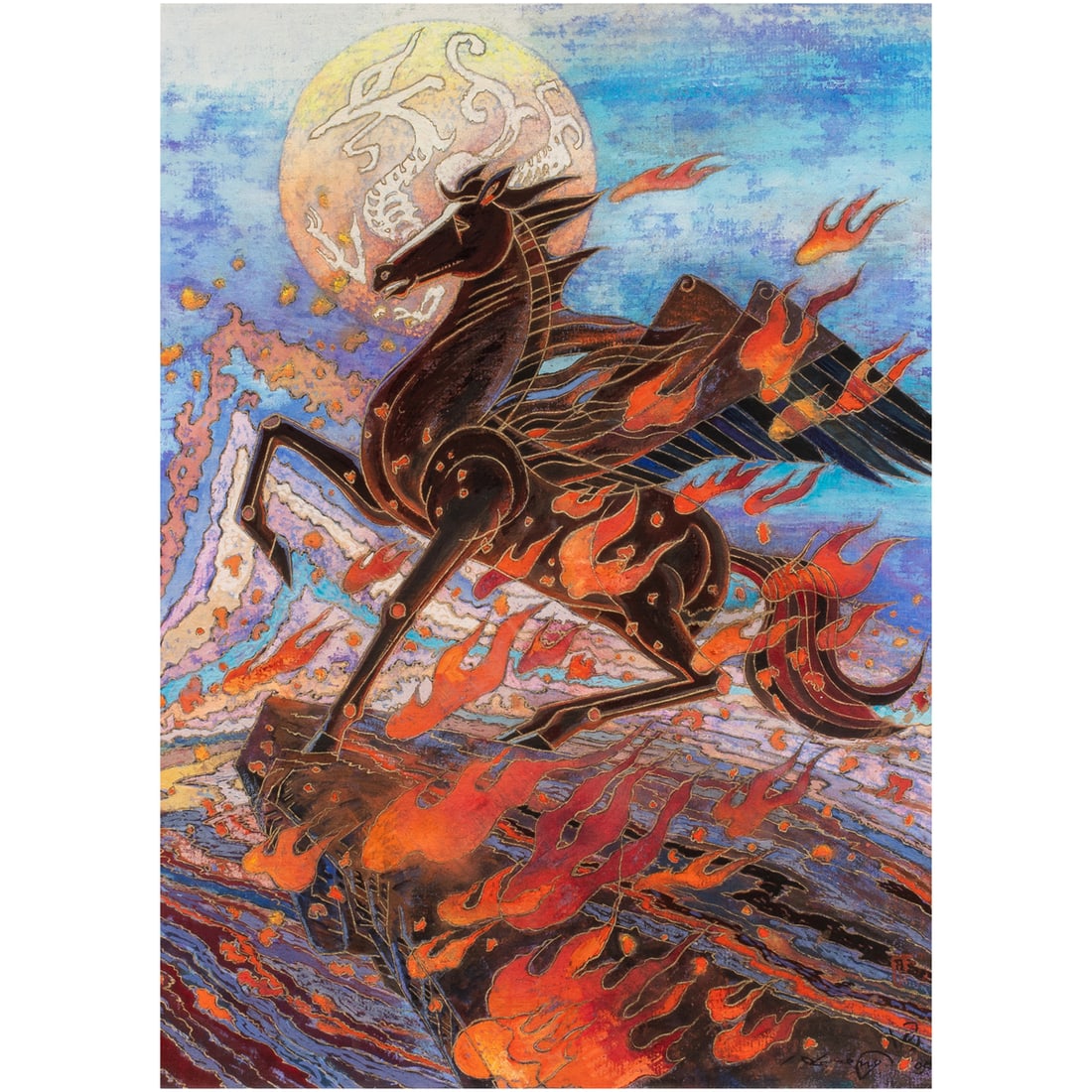 He Neng (born 1942) - Flaming Warrior: He Neng (born 1942) - Flaming Warrior. Gouache on paper, dated 2005, signed lower right, framed and glazed, 17.5"h x 12.5"w.