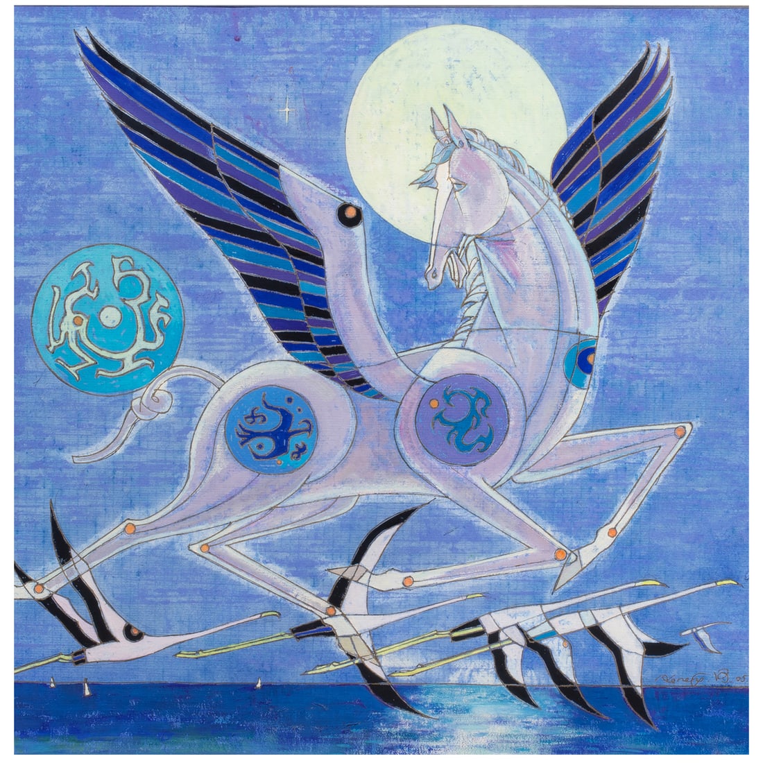 He Neng (born 1942) - Bright Moon: He Neng (born 1942) - Bright Moon. Gouache on paper, dated 2005, signed lower right, framed and glazed, 19.5"h x 19.5"w.