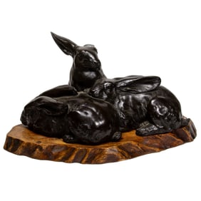 Japanese patinated bronze sculpture of three rabbits