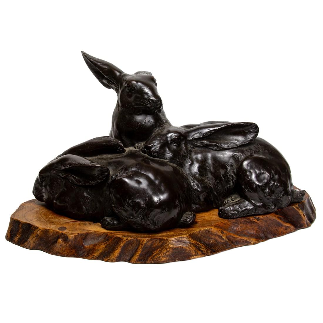 Japanese patinated bronze sculpture of three rabbits (1 of 4)