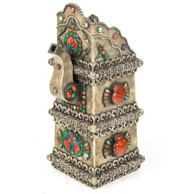 A Tibetan silver and mixed metal square-form ewer