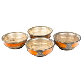 (lot of 4) Mongolian silver-lined burl wood bowls with coral and turquoise inlaid