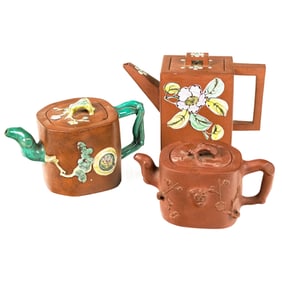 (lot of 3) Chinese enameled Yixing clay teapots