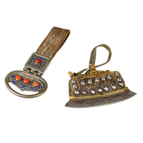 (lot of 2) Sino-Tibetan enameled metal objects with coral inlay