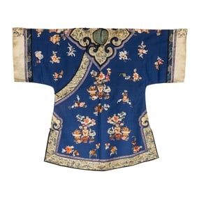 A Chinese embroidered blue ground informal robe