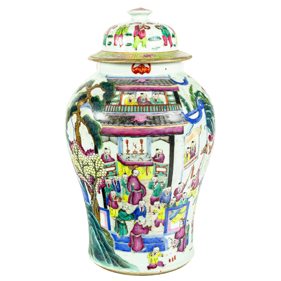 A Chinese famille rose 'hundred boys' covered temple jar: A Chinese famille rose 'hundred boys' covered temple jar. Depicting numerous boys engaged in a dragon dance procession,carrying banners, drums, and various festive implements, late Qing period, 17" hi