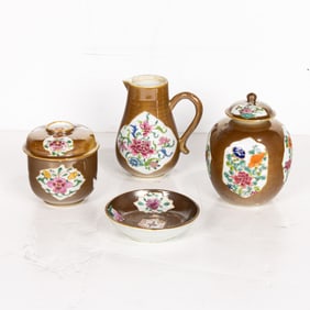 (lot of 4) Chinese cafe-au-lait glazed famille rose porcelain items