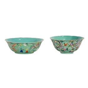 (lot of 2) Chinese famille rose turquoise ground bowls
