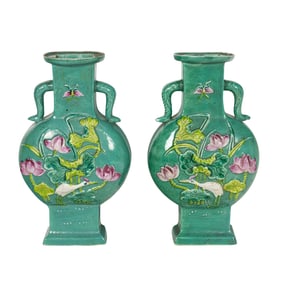 A pair of Chinese famille rose turquoise ground 'Lotus Pond' vases