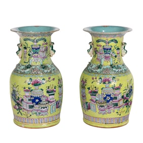 (lot of 2) Chinese famille rose lime-green ground vases