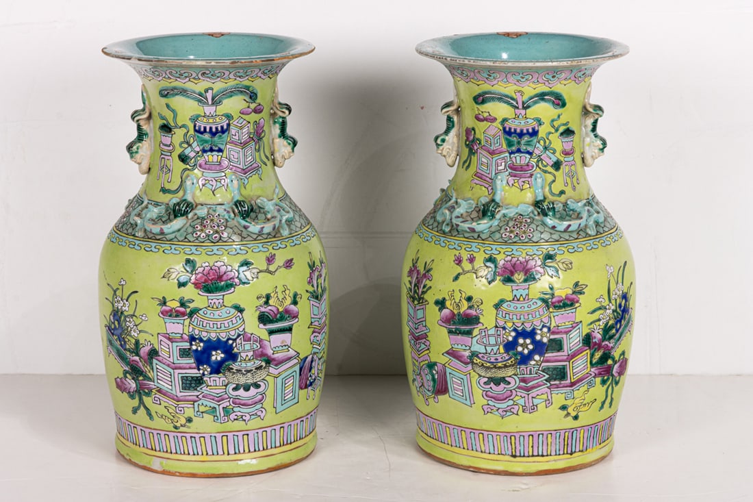 (lot of 2) Chinese famille rose lime-green ground vases (1 of 4)
