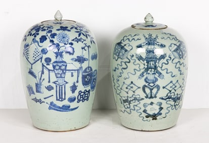 (lot of 2) Chinese blue and white celadon ground 'hundred antiques' covered jars