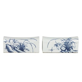 A pair of Chinese blue and white cymbidium flower design headrests