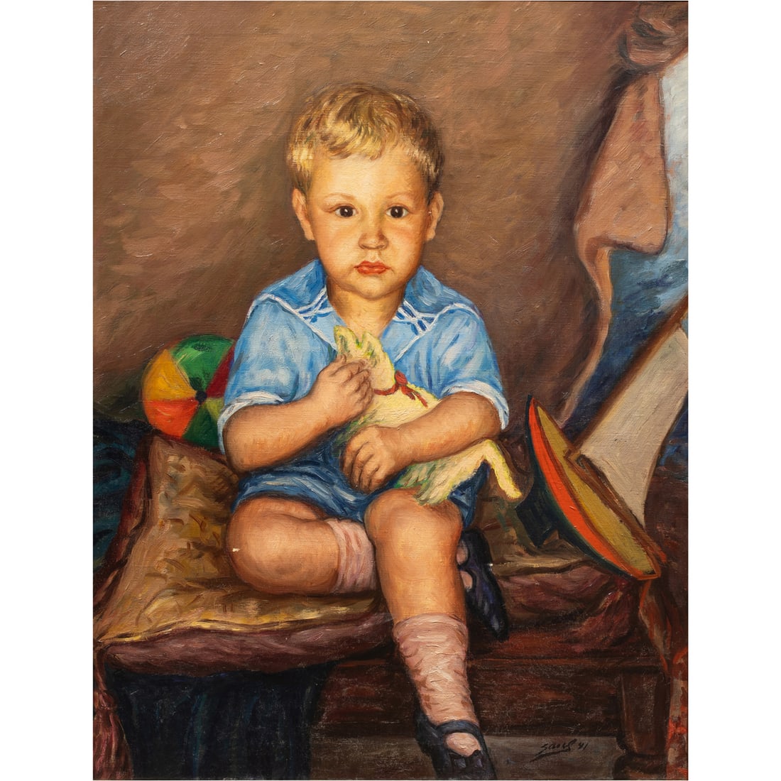 Painting, Saul Kovner: Saul Kovner (Russian/American, 1904-1982), Portrait of a Boy, 1941, oil on canvas, signed and dated lower right, canvas: 28"h x 22"w, overall (with frame): 32.5"h x 26.5"w