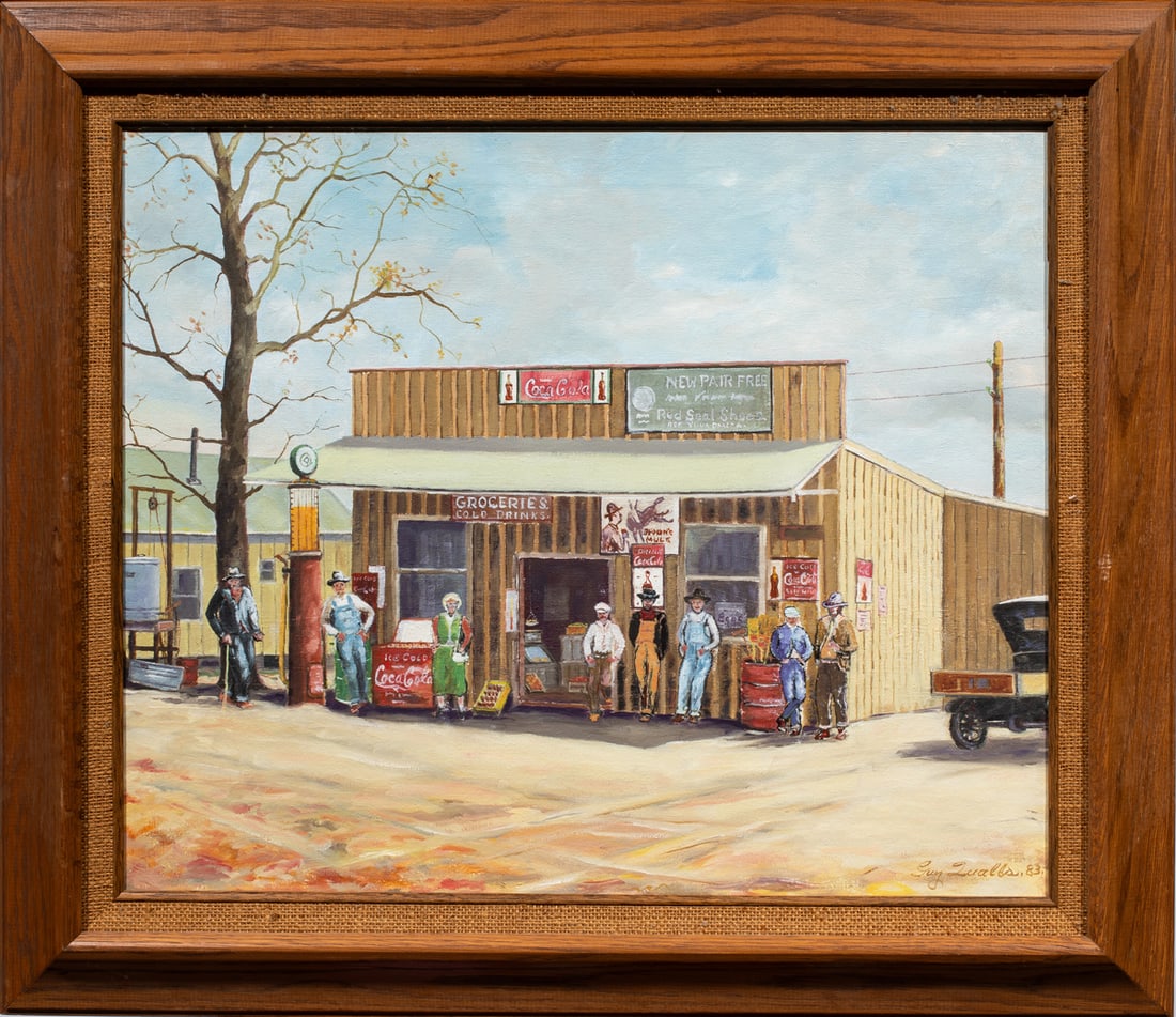 Painting, Guy Qualls: Guy Qualls (American, 20th century), Small Town Grocery, 1983, oil on canvas, signed and dated lower right, overall (with frame): 26"h x 30"w