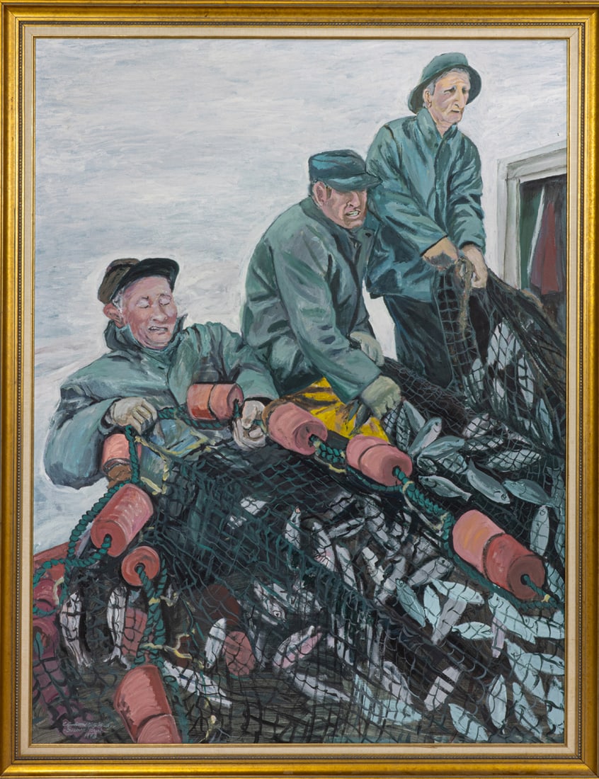 Painting, The Fishermen: American School (20th century), The Fishermen, 1978, oil on canvas, signed Elizabeth Kelly Walker" and "Suzanne Nowak" and dated lower left, overall (with frame): 72"h x 56"w