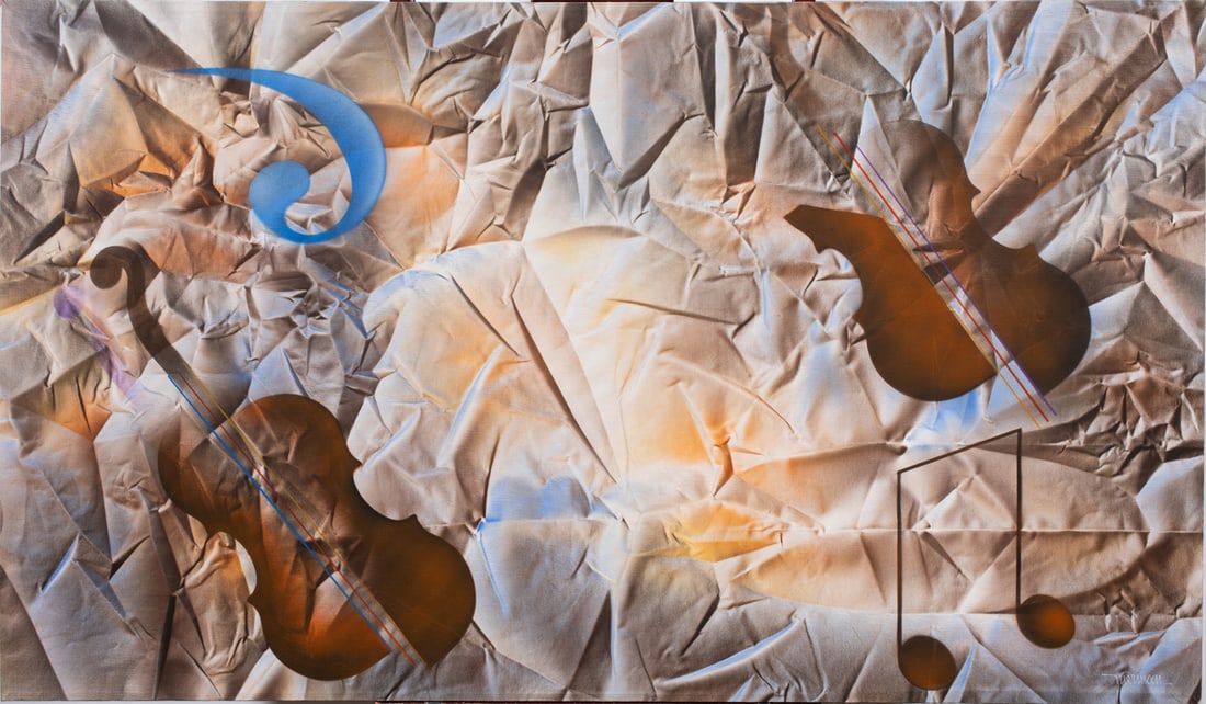 Painting, Manner of Leonardo Nierman: Manner of Leonardo Nierman (Mexican, 1932-2023), "Armonia," 2014, airbrush on canvas, bears signature lower right, canvas (unframed): 29.5"h x 49.5"w