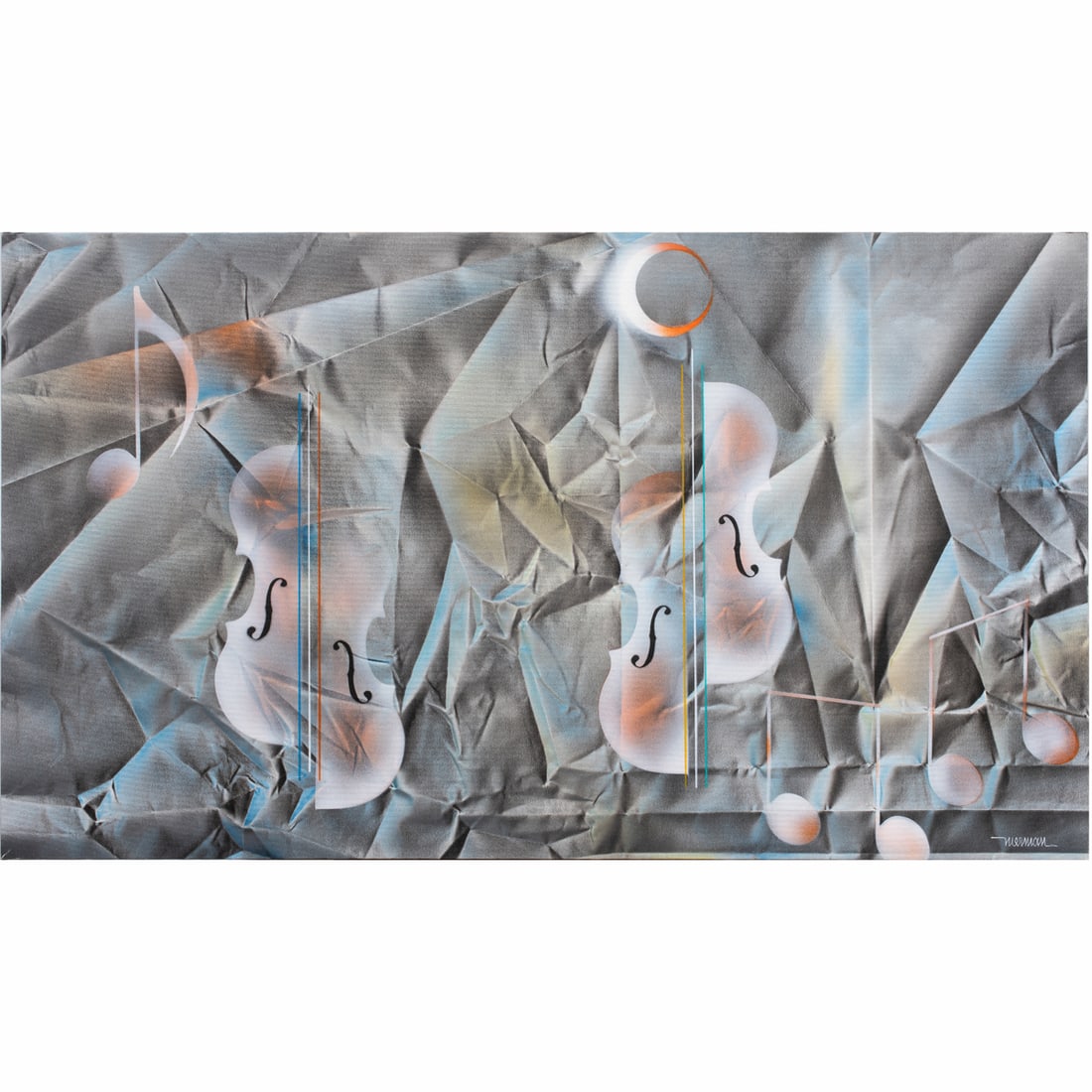 Painting, Manner of Leonardo Nierman: Manner of Leonardo Nierman (Mexican, 1932-2023), "Sonata II," 2014, airbrush on canvas, bears signature lower right, canvas (unframed): 29.5"h x 49.5"w