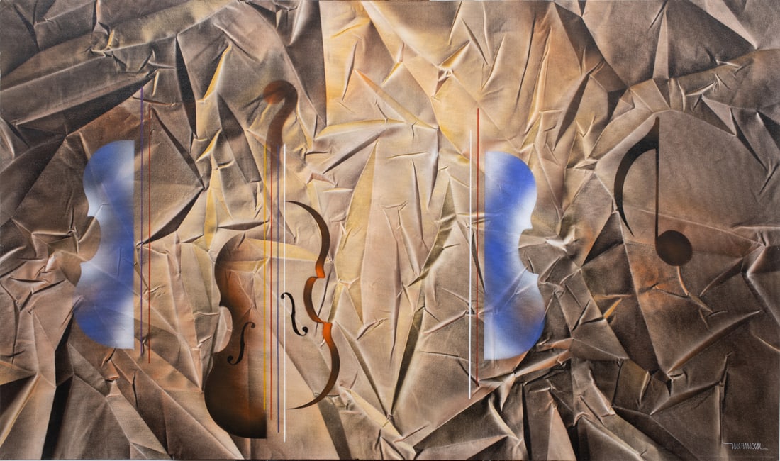 Painting, Manner of Leonardo Nierman: Manner of Leonardo Nierman (Mexican, 1932-2023), "Seranata," 2014, airbrush on canvas, bears signature lower right, canvas (unframed): 29.5"h x 49.5"w