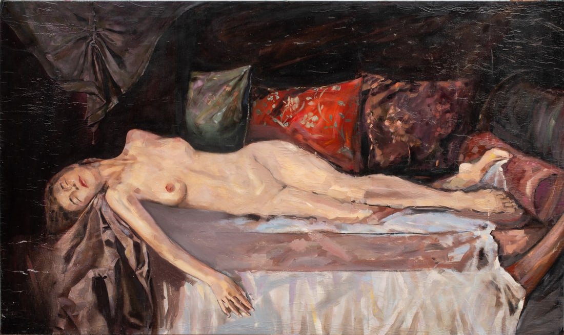 Painting, American School (20th century): American School (20th century), Untitled (Reclining Nude), oil on canvas, unsigned, canvas (unframed): 44"h x 75"w