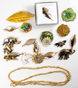 Twenty Liz Claiborne costume jewelry pieces, including brooches with a necklace