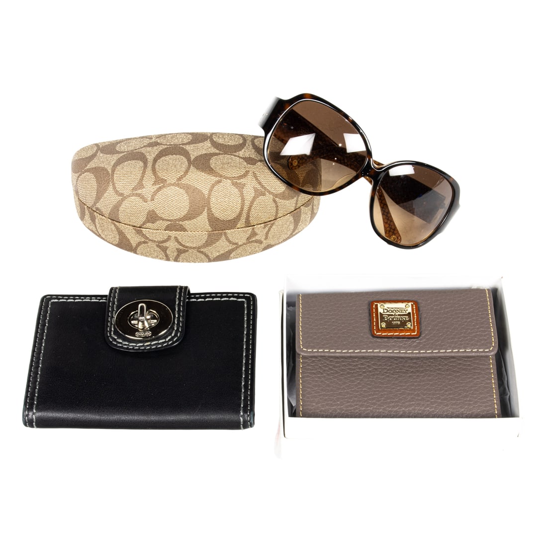 A Coach wallet, pair of Coach sunglasses in case, with a Dooney Burke womens wallet with original: A Coach wallet, pair of Coach sunglasses in case, with a Dooney Burke womens wallet with original box, the Coach sunglasses case, 6.5"l