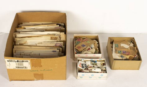 One box of cancelled stamp covers with two boxes of cancelled stamps. [3 total]