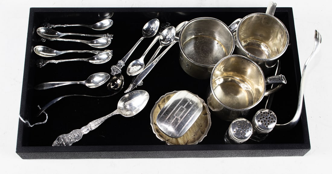 A group of sterling and silverplate including baby cups, souvenir spoons and others (1 of 1)