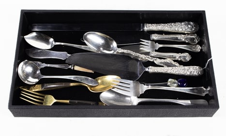 Seven pieces of sterling flatware including S Kirk Repouss?, Stieff Rose and others