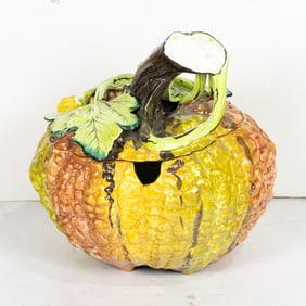 An Italian pottery pumpkin form tureen with handle and ladle