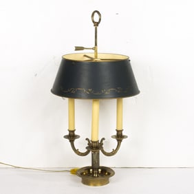 A Neoclassical style bronze three-light bouillotte lamp with tole painted shade