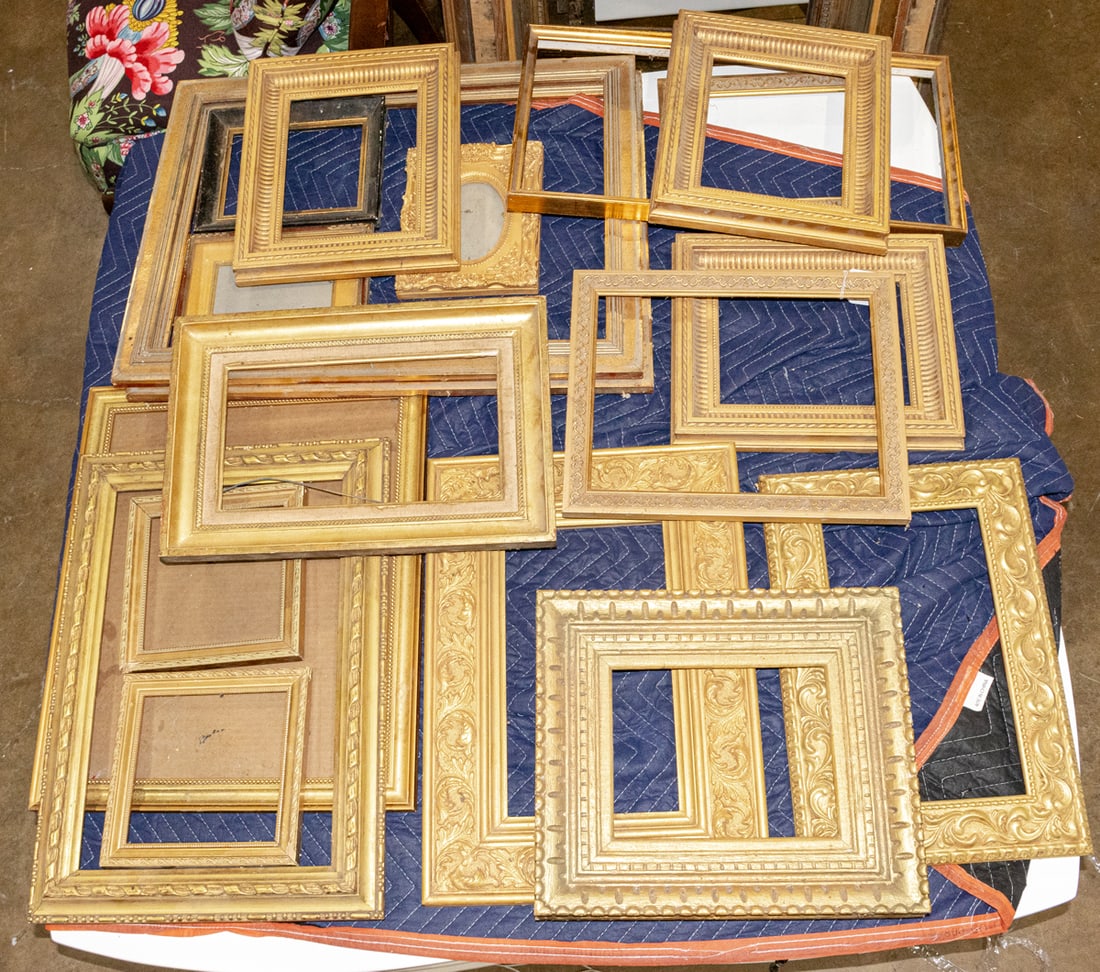 Twenty giltwood picture frames of various dimensions, mostly not antique: Twenty giltwood picture frames of various dimensions, mostly not antique. [20 total]