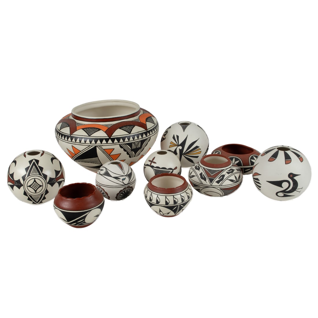 A collection of ten Ol Bald Eagle N.D. Marshall Native American pottery vessels (1 of 1)