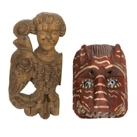 A Mexican polychrome mask and a relief figure of an angel