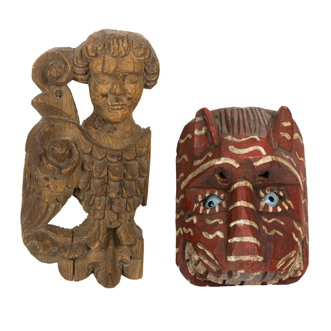 A Mexican polychrome mask and a relief figure of an angel (1 of 3)