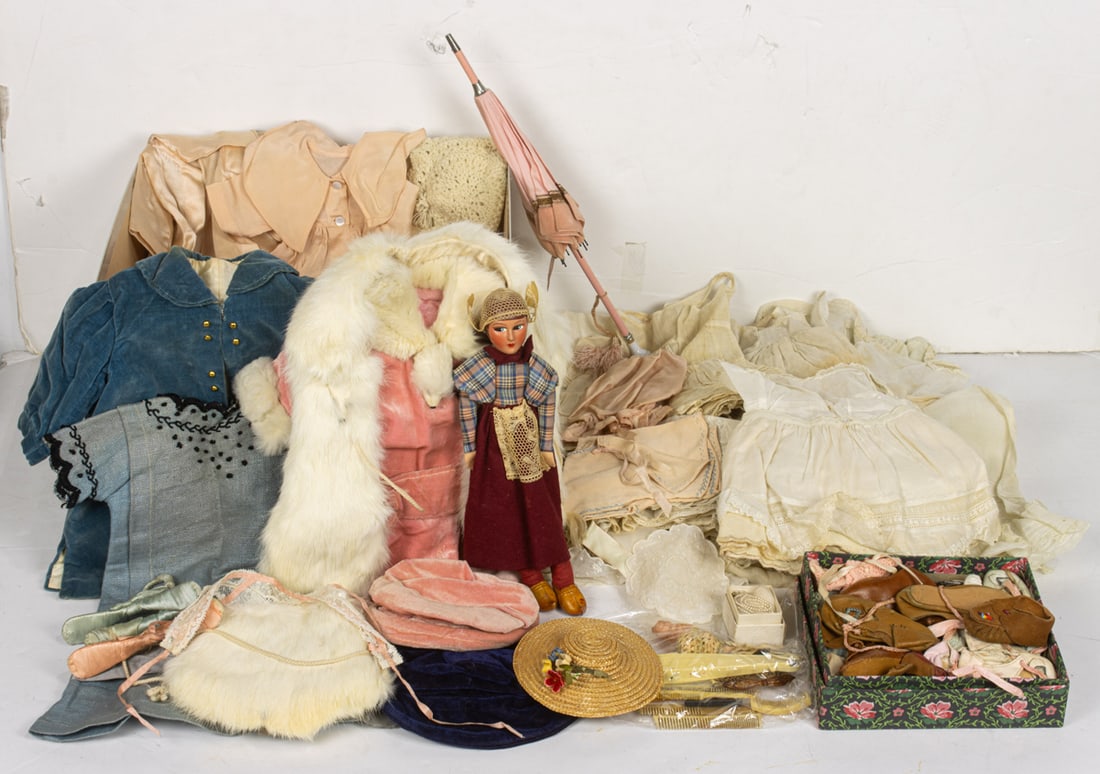 A collection of doll outfits and accessories, including fur trimmed examples and lace babydoll (1 of 1)