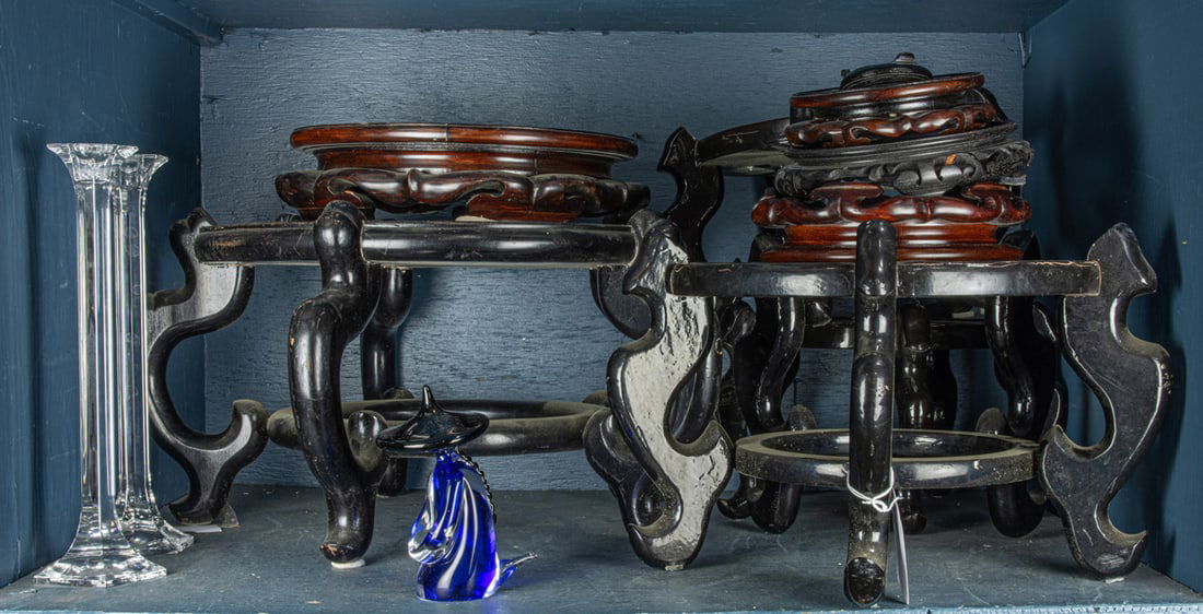 A group of Chinese wood stands: A group of Chinese wood stands, together with a pair of Reidel glass candlesticks, 12"h and Formia Murano glass figure, 5.5"h