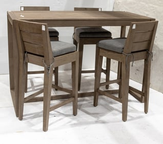 A Modern outdoor high top table and four bar chairs with loose seat cushions