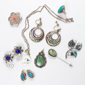 A group of hardstone and silver jewelry