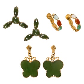 Three pairs of jade and 14k gold earrings and ear-clips