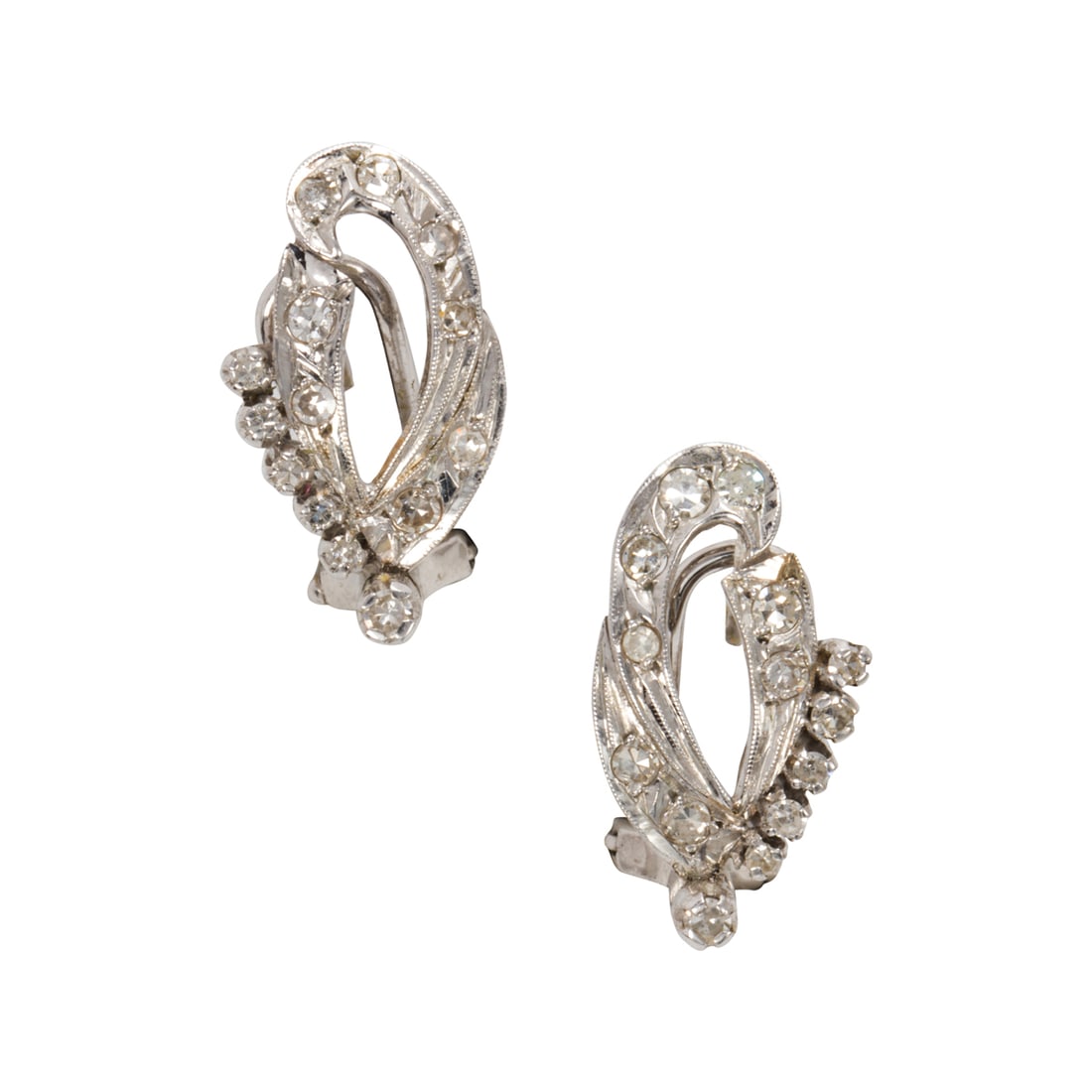 A pair of diamond and white gold earrings: A pair of diamond and white gold earringsset with 28 single-cut diamonds, weighing in total an estimated 0.50 carat, in 12-14k white gold mounts; length: 3/4 in; 3,94 grams
