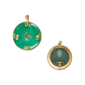 One jade and 14k gold and one jade and 18k gold pendant